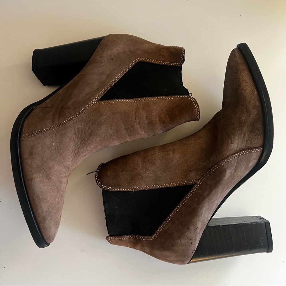 KAANAS Gray Suede Pointed Toe Booties with Black Heel